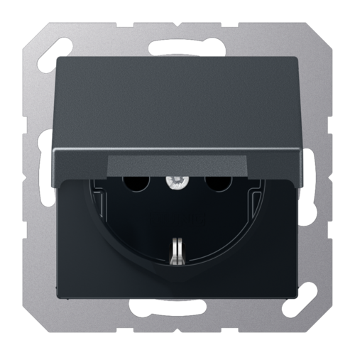 Розетка JUNG А-СЕРИЯ, скрытый монтаж, с заземлением, с крышкой, со шторками, матовый антрацит